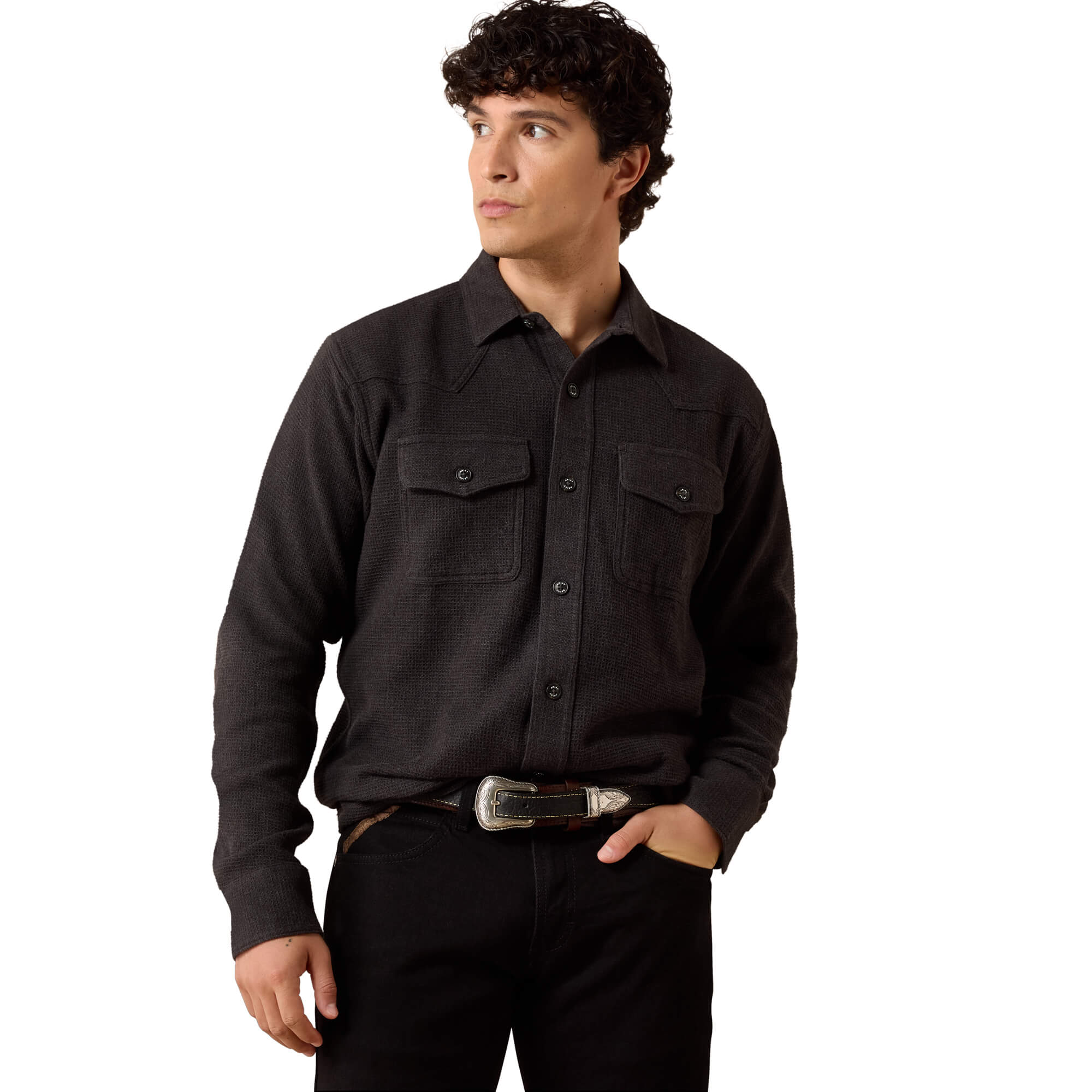 Men's Retro Waffle Button Down Fitted Shirt in Charcoal Heather Cotton, Size: Small by Ariat