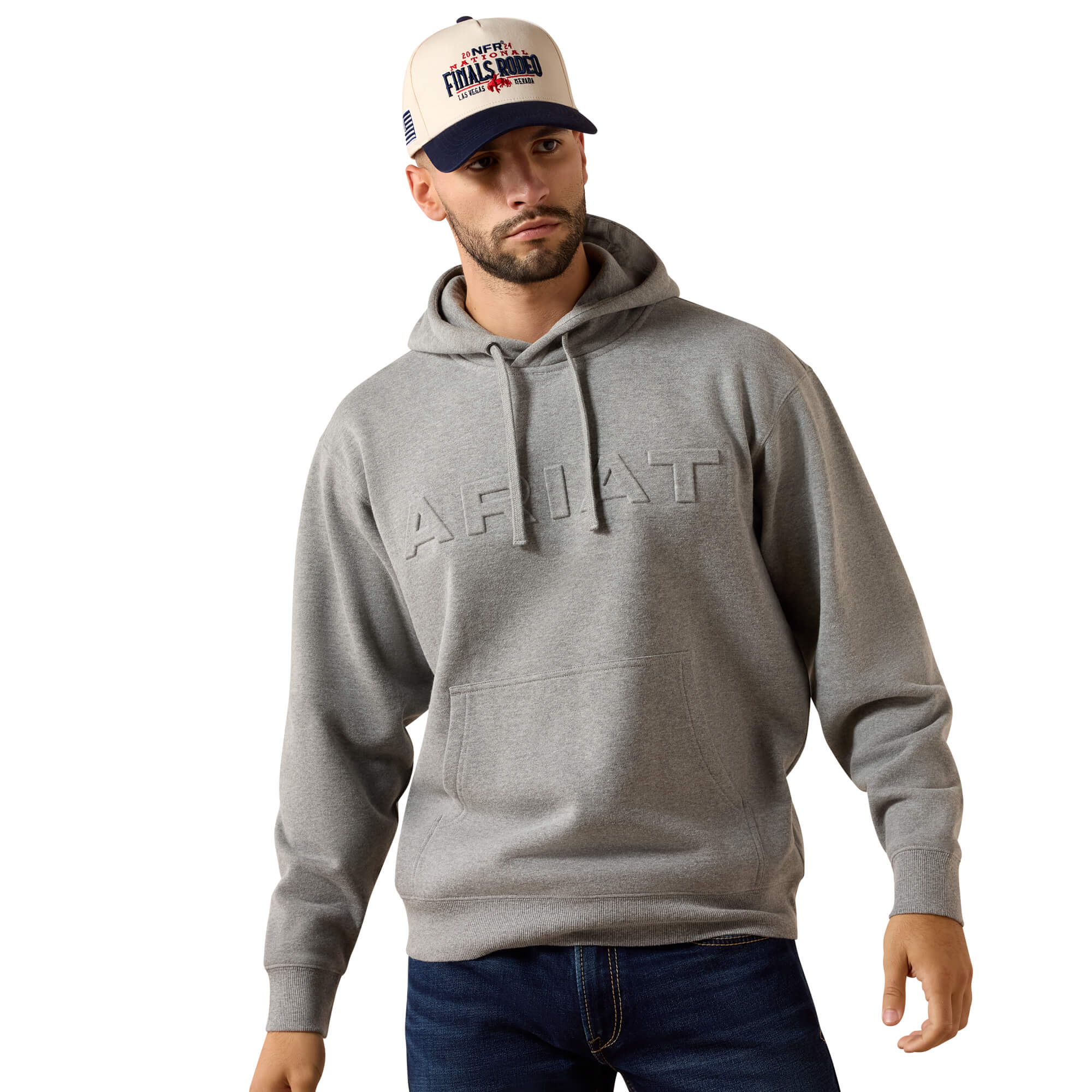 Men's Embossed Logo Hoodie in Grey Heather Cotton/Polyester, Size: Small by Ariat