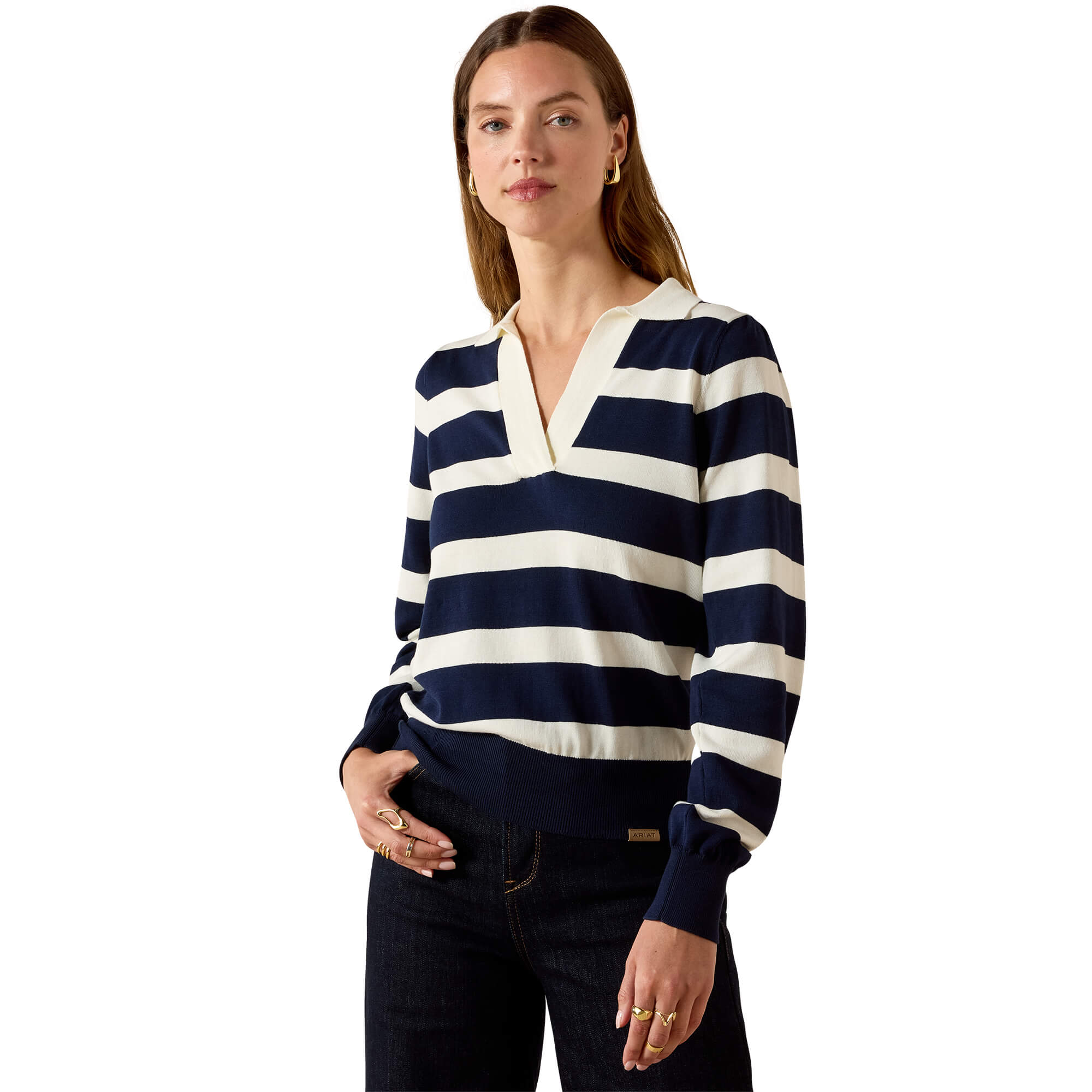 Women's Langsett Sweater in Navy Stripe Cotton, Size: Large by Ariat