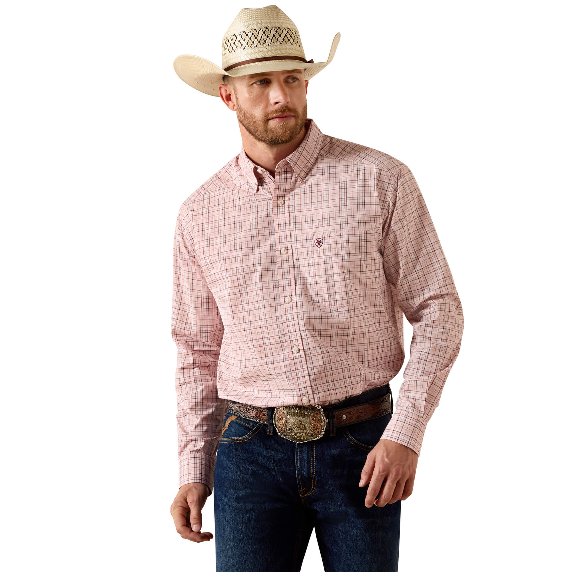 Men's Pro Series Theoden Classic Fit Shirt in Peach Plaid, Size: Medium by Ariat